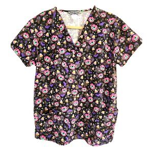 Wear for Care Halloween Pattern Scrub Top Womens Size L Cute Vampire Candy Corn